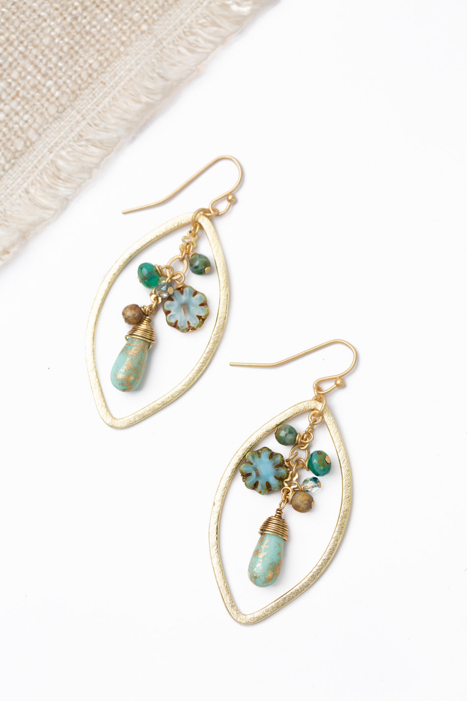 Czech Glass Gold Etched Turquoise Color Czech Glass Cluster Earrings