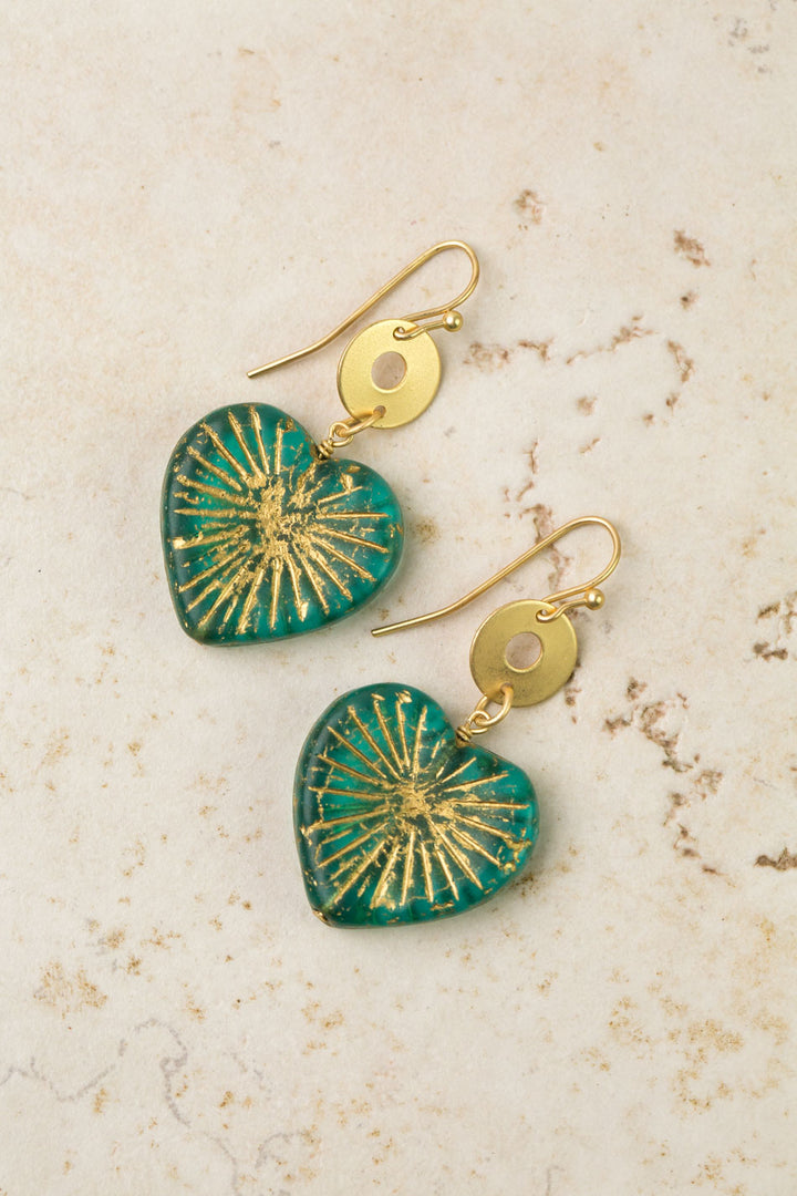 Czech Glass Heart Green Statement Earrings