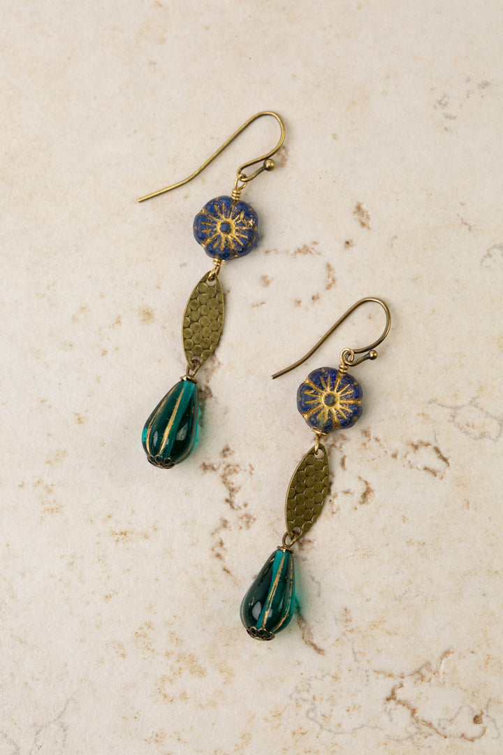 Czech Glass Small Blue Flower Dangle Earrings