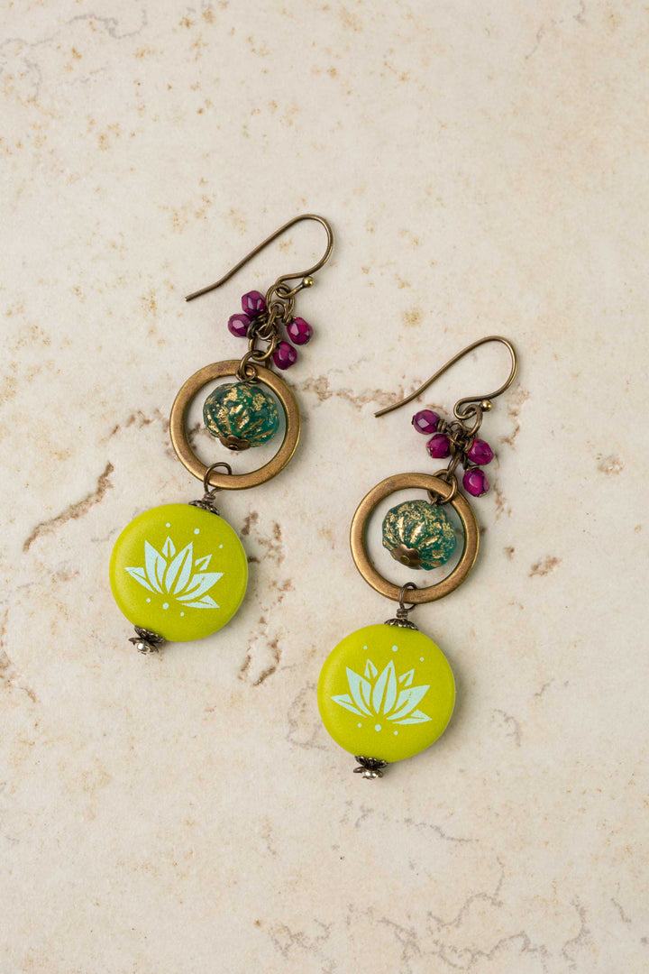 Czech Glass Green Lotus Flower Drop Dangle Earrings
