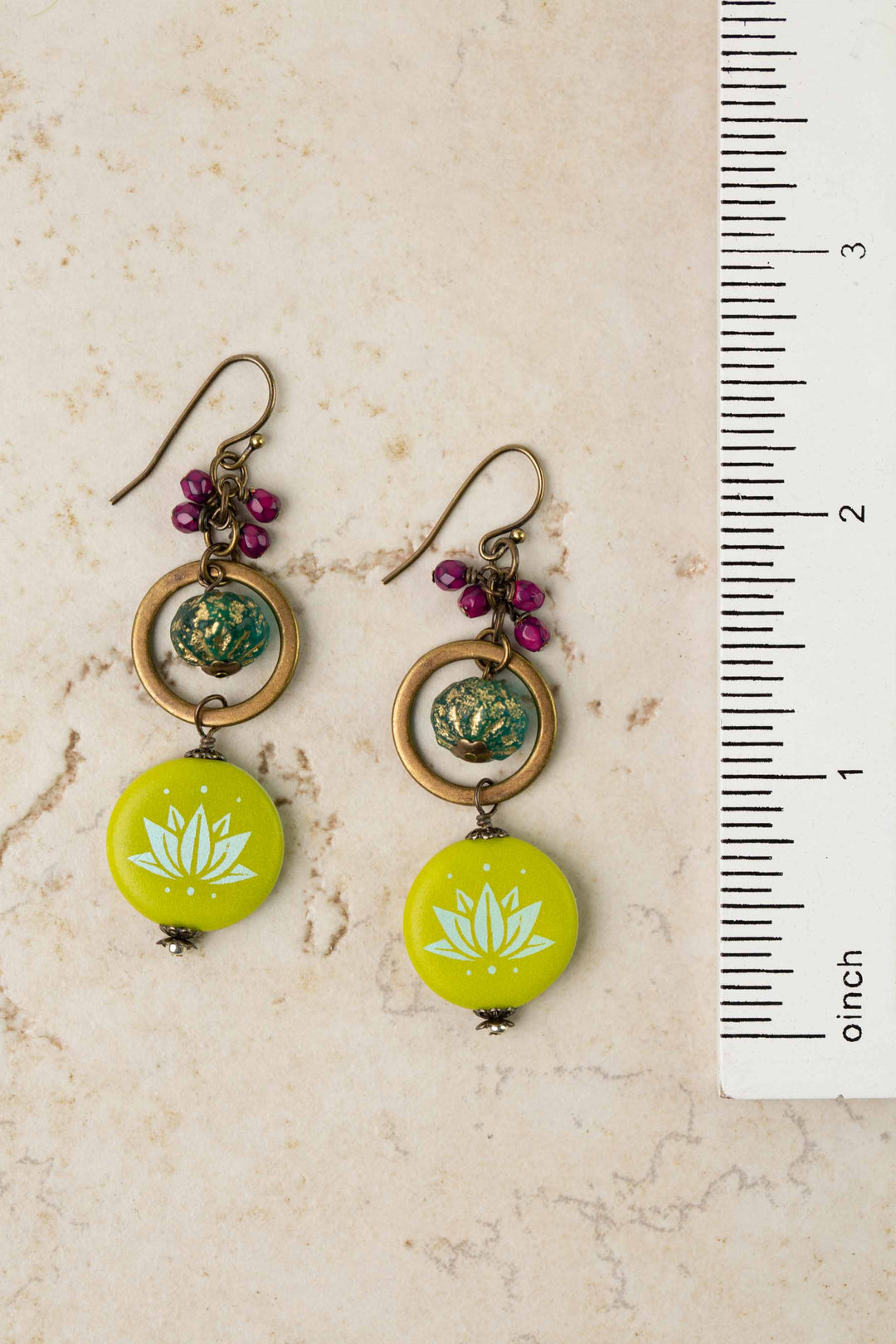 Czech Glass Green Lotus Flower Drop Dangle Earrings