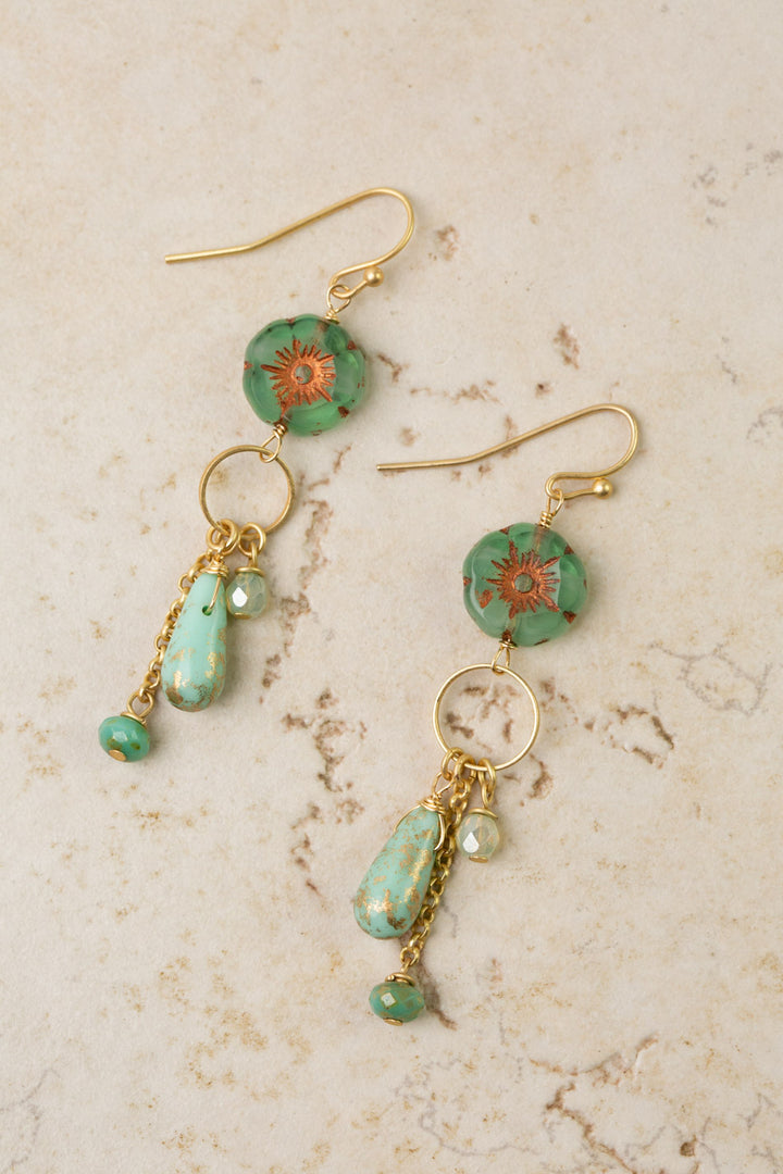 Czech Glass Aqua Flower Dangle Earrings