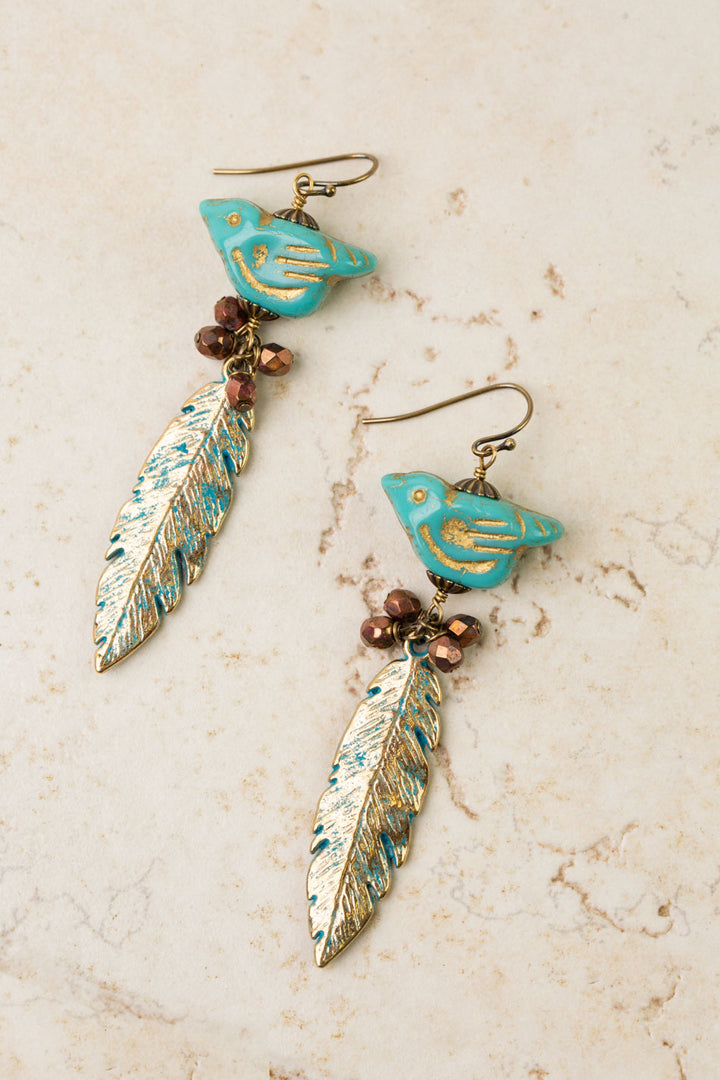 Czech Glass Blue Bird With Leaf Drop Statement Earrings