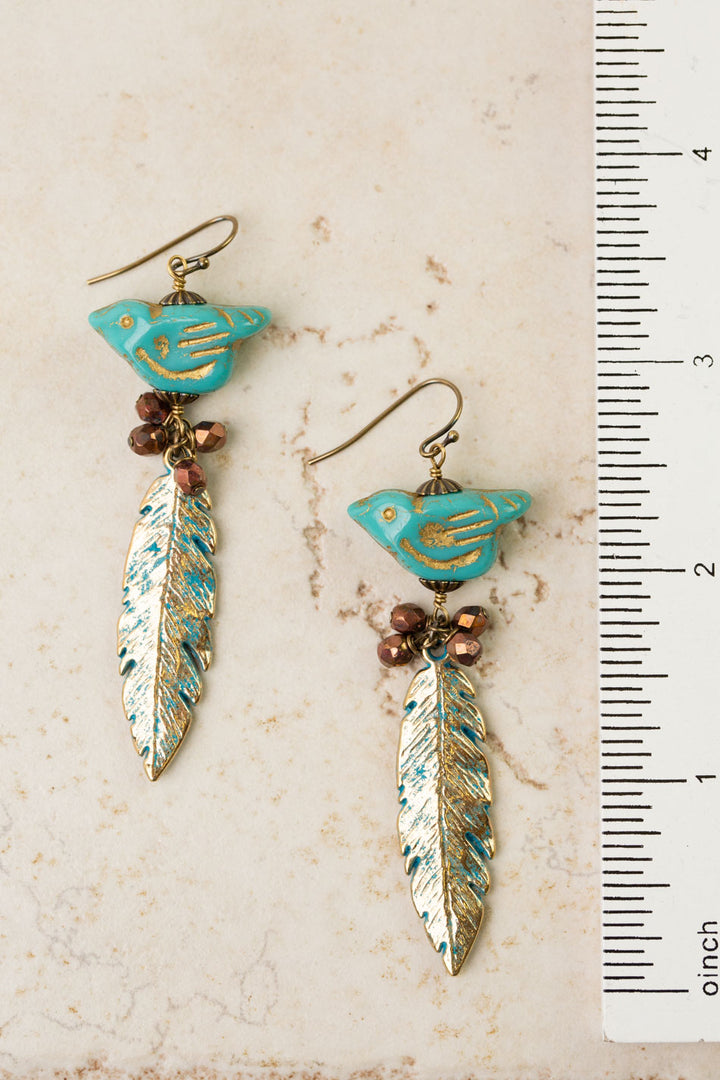 Czech Glass Blue Bird With Leaf Drop Statement Earrings