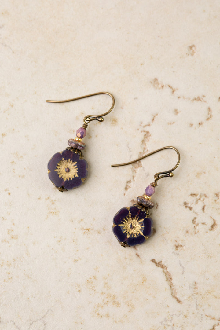 Czech Glass Purple Flower Simple Earrings