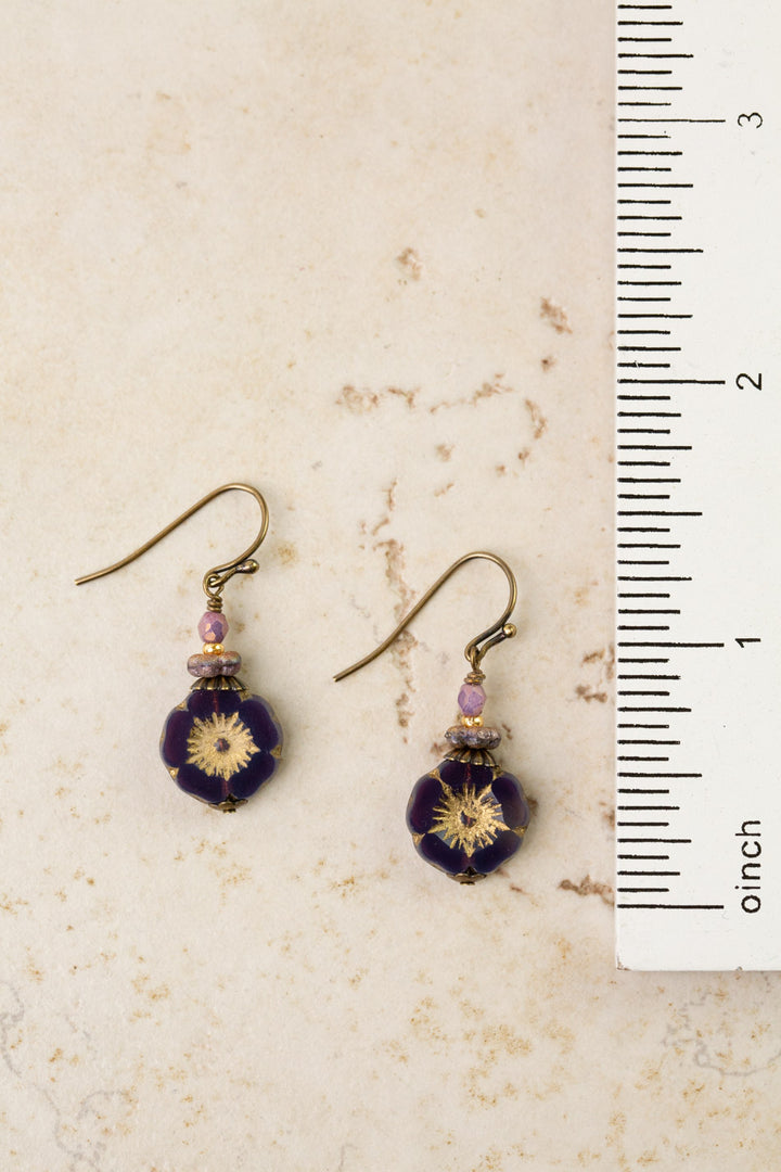 Czech Glass Purple Flower Simple Earrings