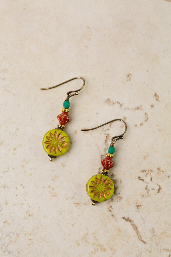 Czech Glass Lime Flower Print Simple Earrings