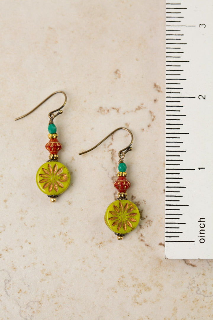 Czech Glass Lime Flower Print Simple Earrings