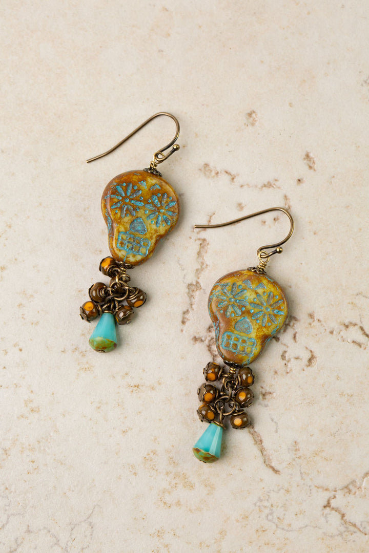 Czech Glass Skull With Cluster Dangle Dangle Earrings