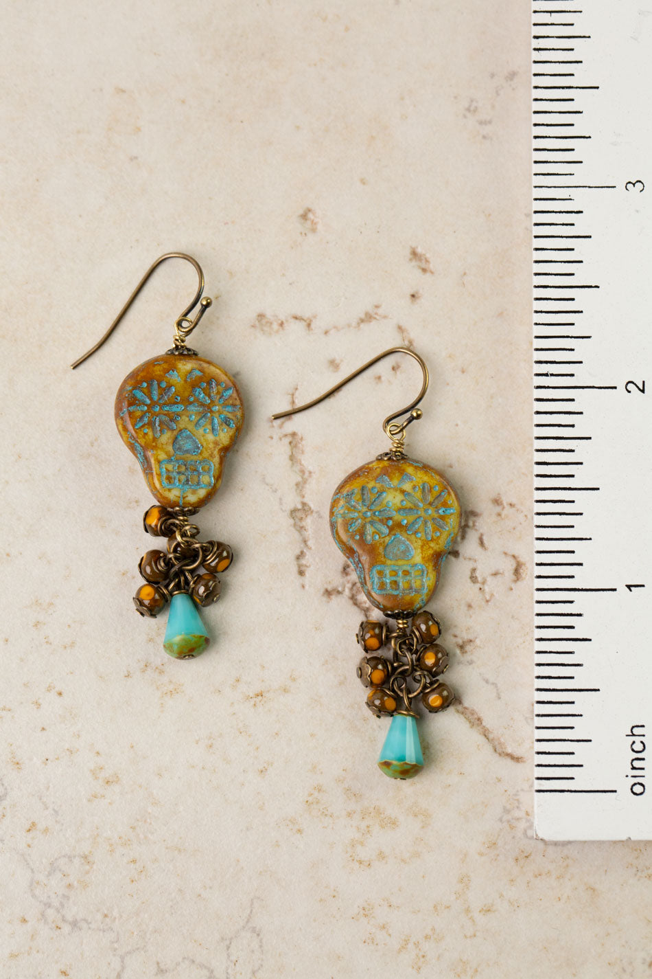 Czech Glass Skull With Cluster Dangle Dangle Earrings