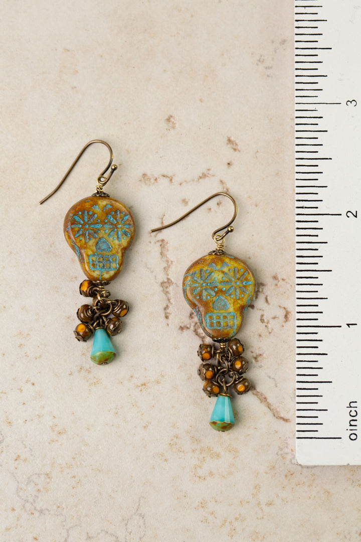 Czech Glass Skull With Cluster Dangle Dangle Earrings