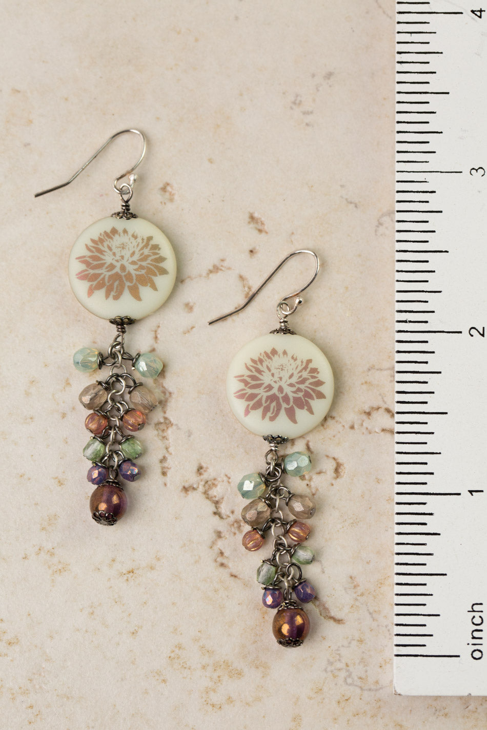 Czech Glass Lotus Flower With Cluster Dangle Cluster Earrings