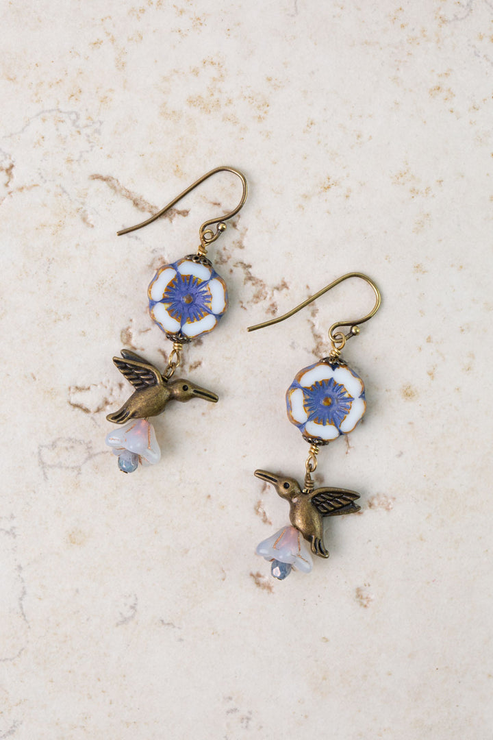 Czech Glass Flower with Hummingbird Dangle Earrings