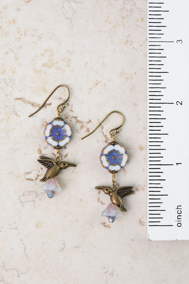 Czech Glass Flower with Hummingbird Dangle Earrings