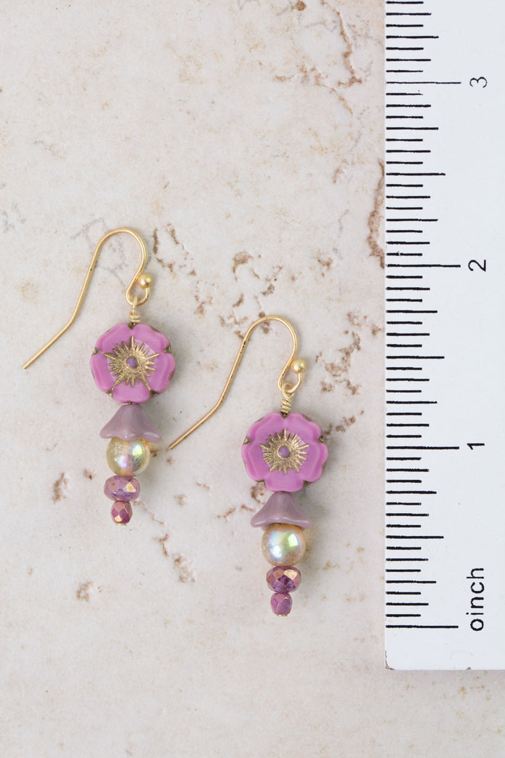 Czech Glass Pink Flower Simple Earrings
