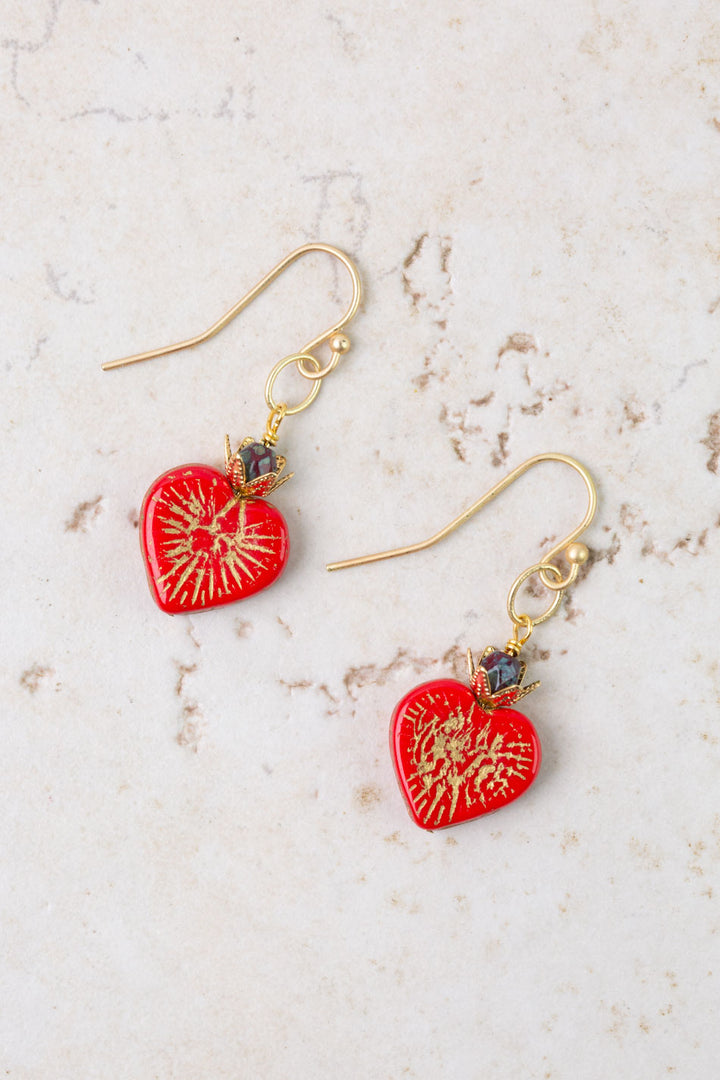 Czech Glass Red Heart Dangle Earrings