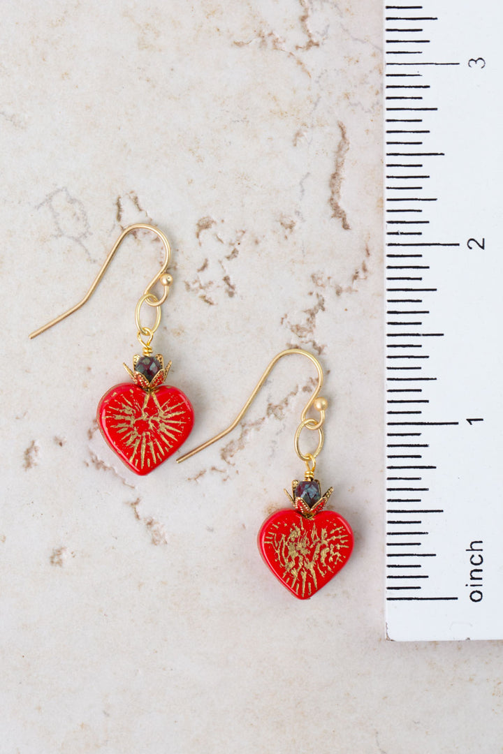 Czech Glass Red Heart Dangle Earrings