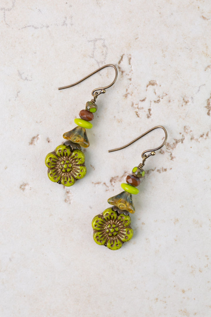 Czech Glass Lime Flower Simple Earrings
