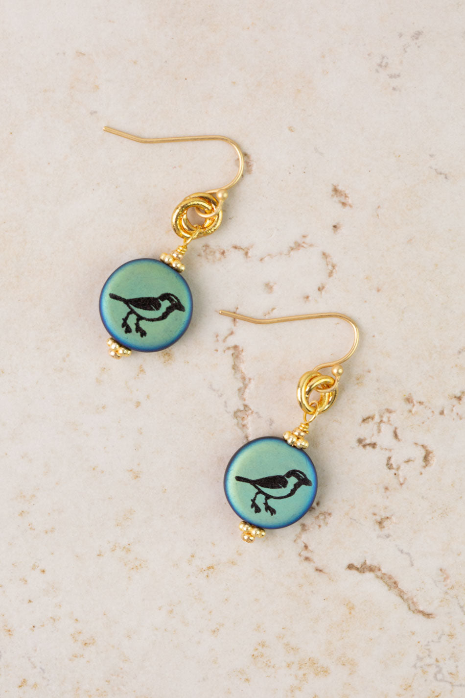 Czech Glass Teal & Gold Songbird Simple Earrings