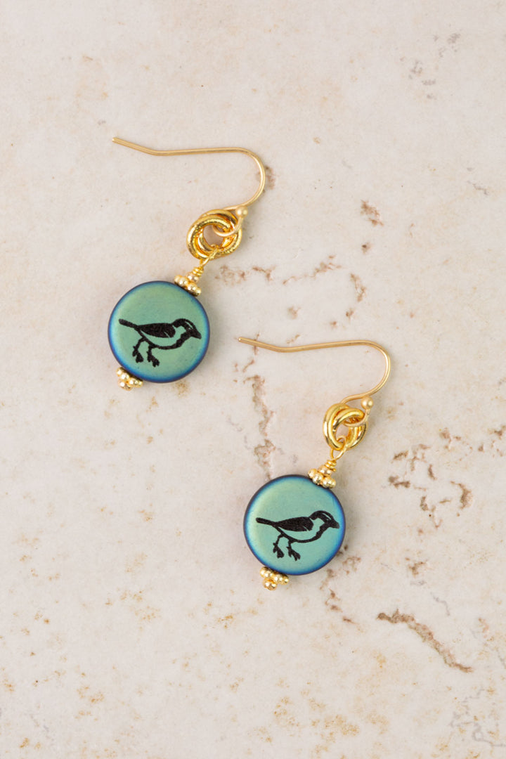 Czech Glass Teal & Gold Songbird Simple Earrings