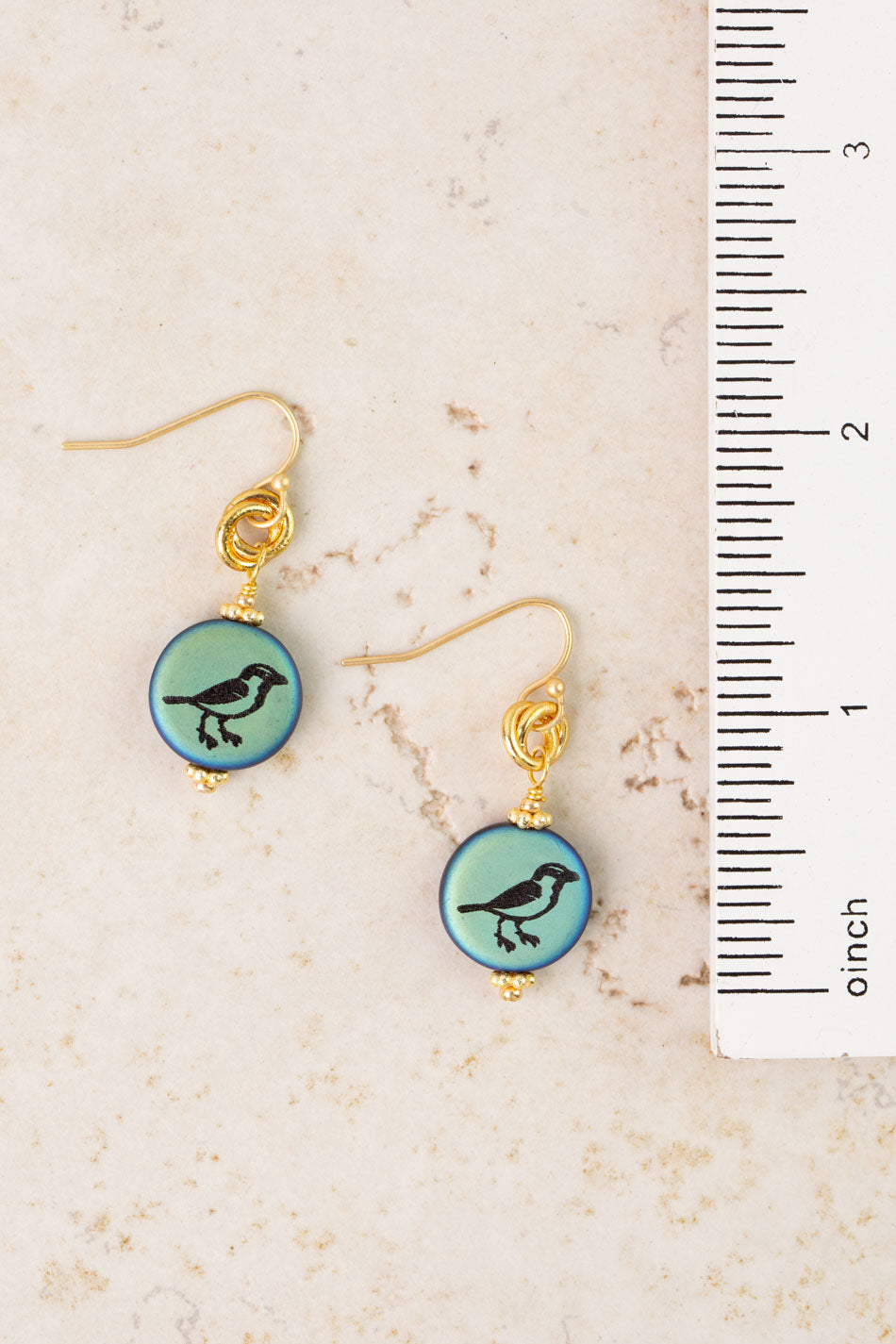 Czech Glass Teal & Gold Songbird Simple Earrings