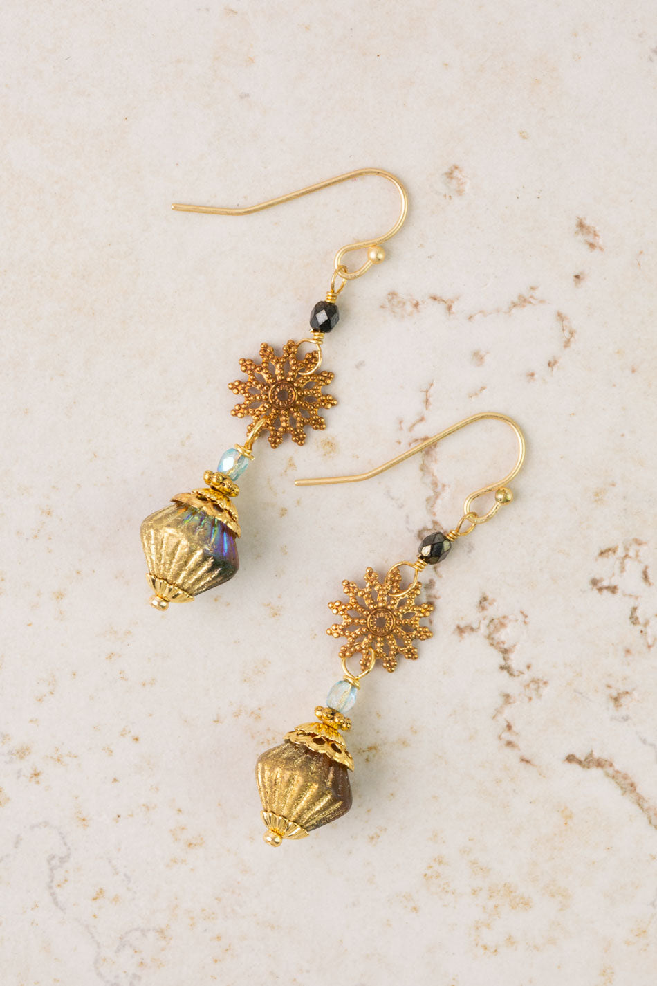 Czech Glass Fluted Bead & Gold Sunburst Statement Earrings