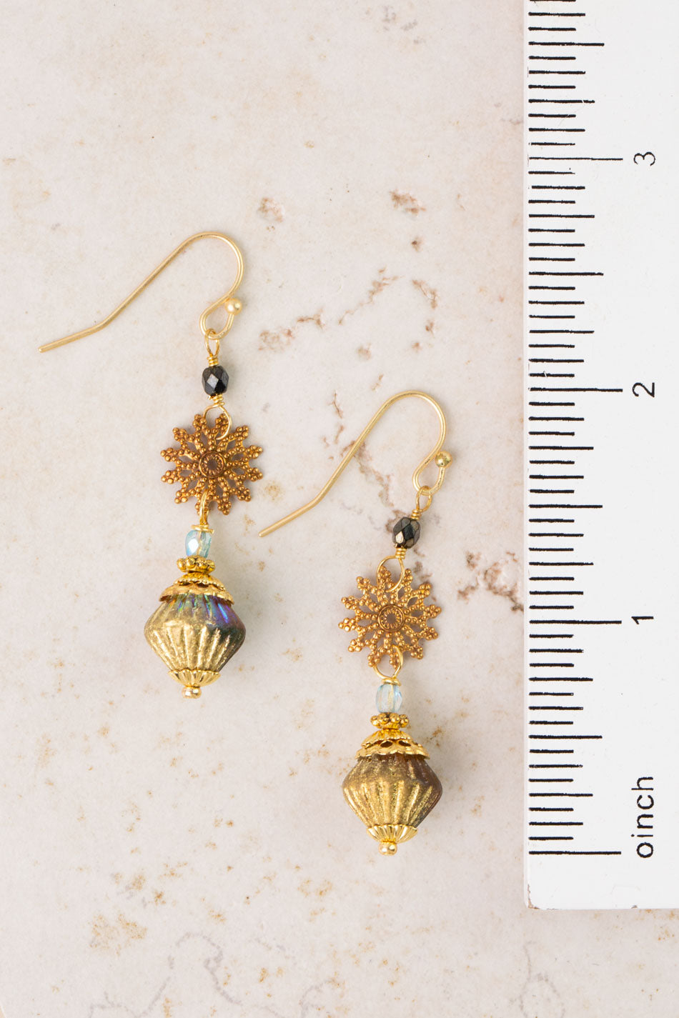 Czech Glass Fluted Bead & Gold Sunburst Statement Earrings