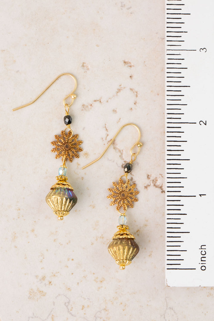 Czech Glass Fluted Bead & Gold Sunburst Statement Earrings