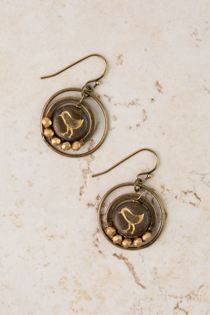Czech Glass Songbird & Antique Brass Beaded Hoop Earrings
