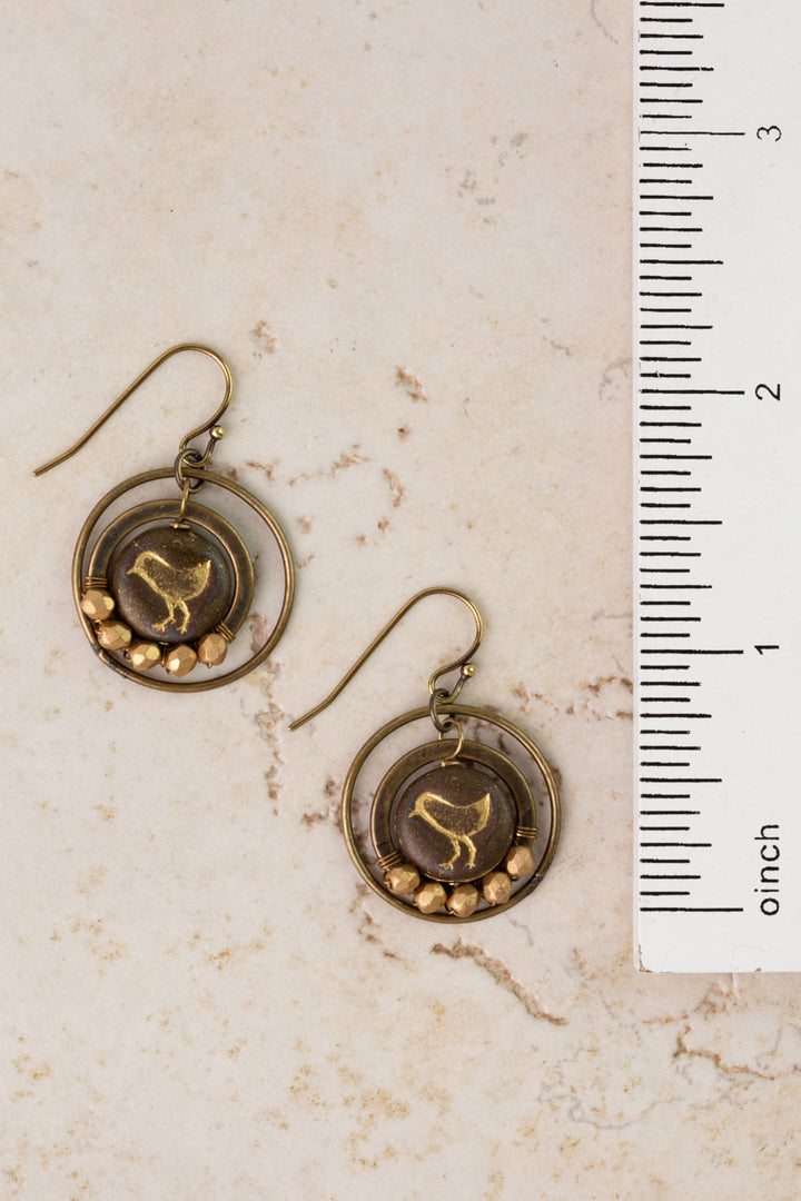 Czech Glass Songbird & Antique Brass Beaded Hoop Earrings
