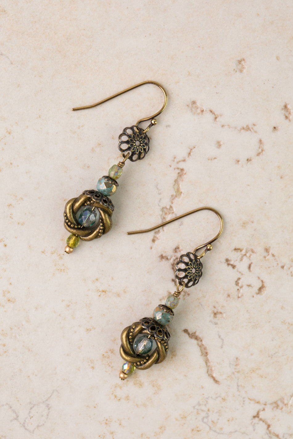 Czech Glass Antique Brass Flower Cap Simple Earrings