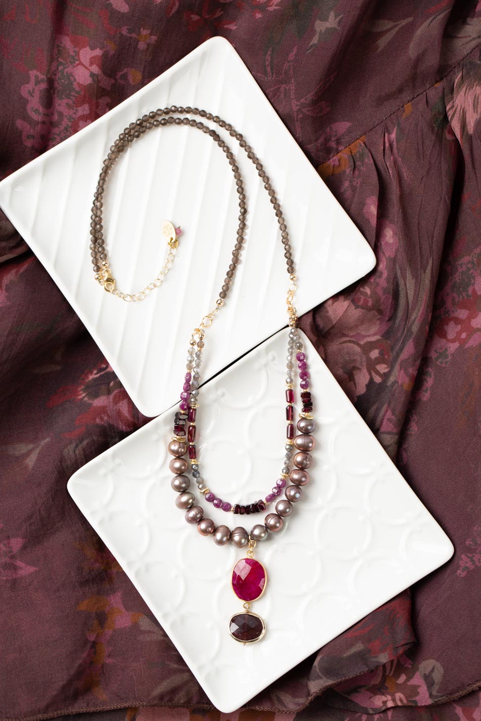 Decadence 23-25" Smoky Quartz, Garnet, Freshwater Pearl With Ruby Jade Cluster Necklace