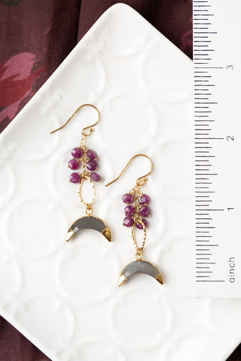Decadence Ruby With Moonstone Crescent Cluster Earrings