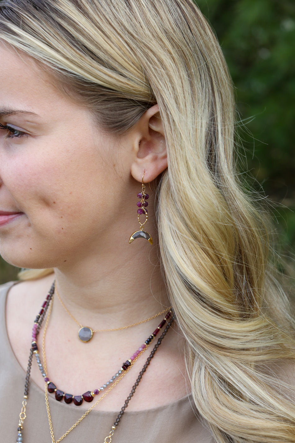Decadence Ruby With Moonstone Crescent Cluster Earrings