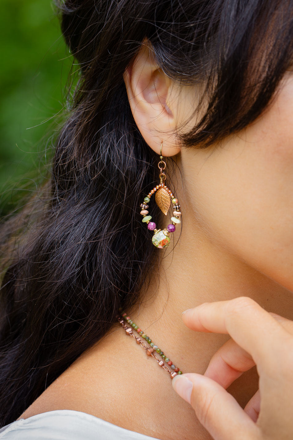 Dominion Unakite, Afghan Jade, Ruby With Antique Copper Leaf Statement Earrings