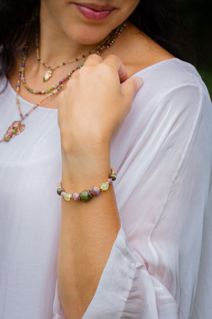 Dominion 7.5-8.5" Unakite, Muscovite, Ruby Simple Bracelet