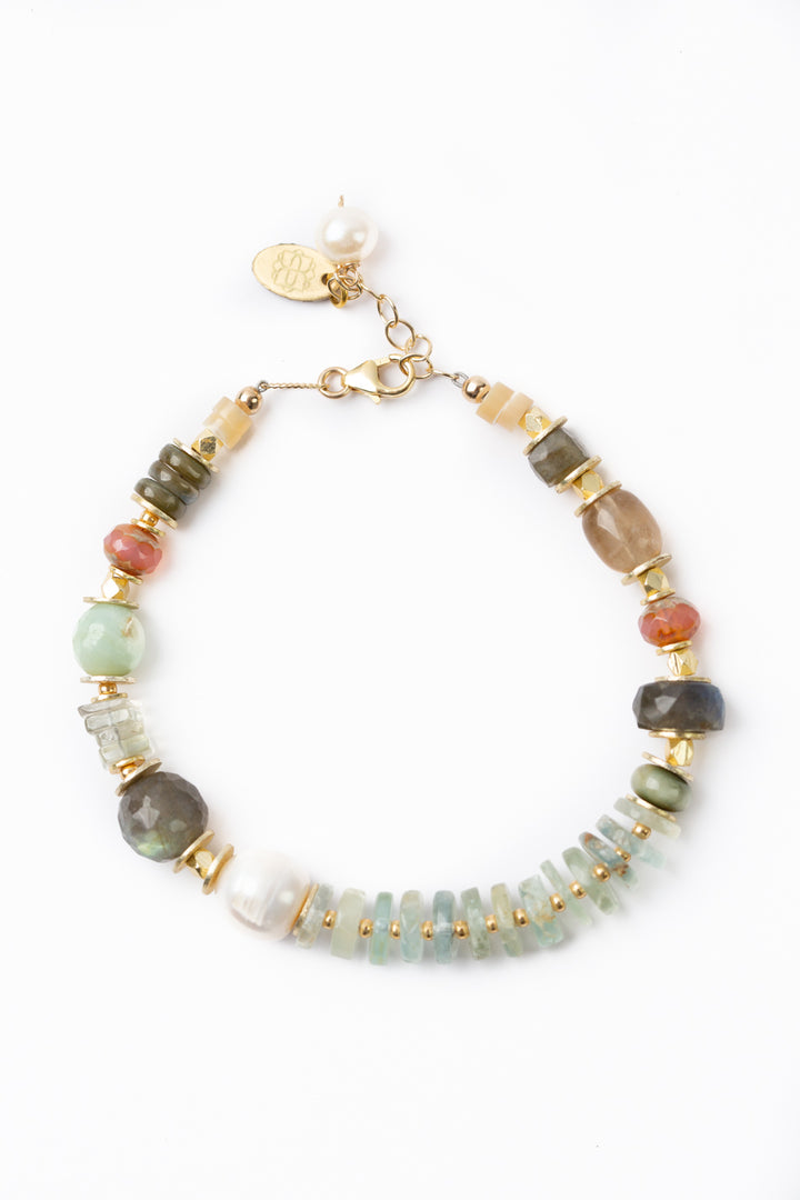 Dreams & Flowers 7.5-8.5" Pearl, Labradorite, Aquamarine Simple Bracelet