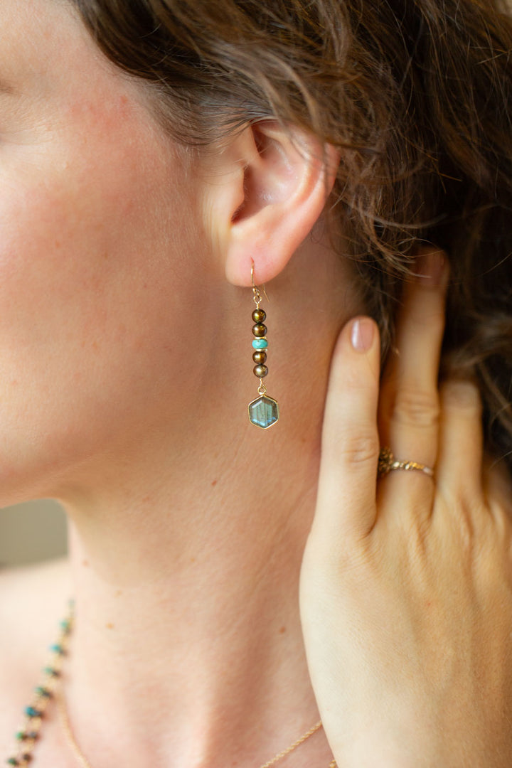 Desert Sunset Turquoise, Freshwater Pearl With Labradorite Dangle Earrings