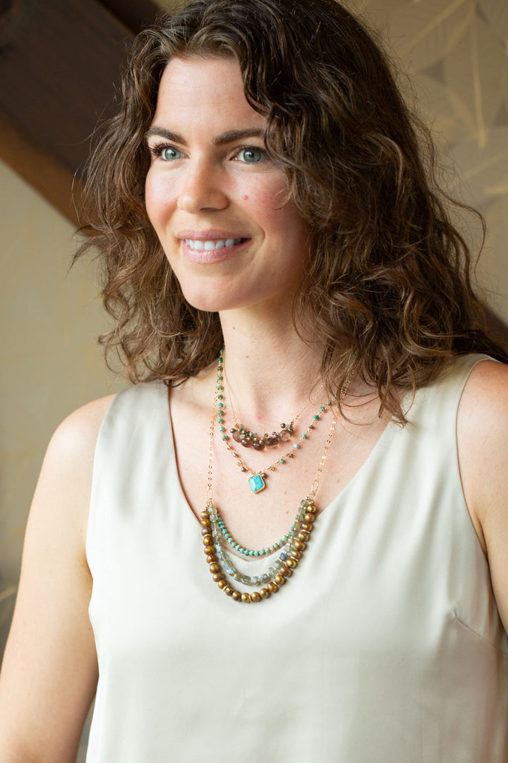 Desert Sunset 16-18" Smokey Quartz, Turquoise, Freshwater Pearl Cluster Necklace