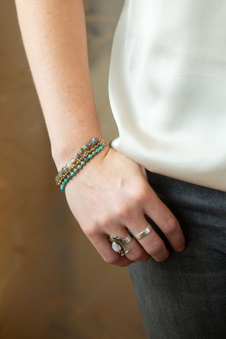 Desert Sunset 7.5-8.5" Labradorite, Turquoise, Freshwater Pearl Multistrand Bracelet