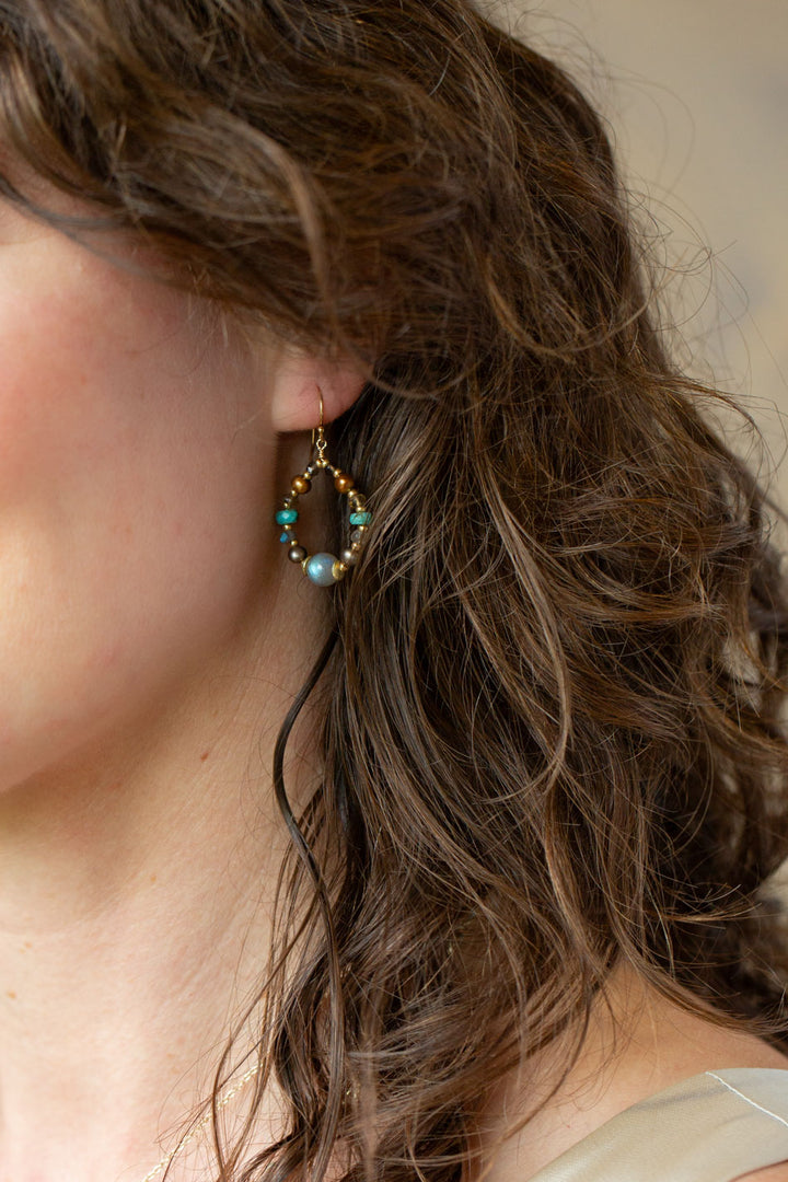 Desert Sunset Freshwater Pearl, Turquoise With Labradorite Hoop Earrings