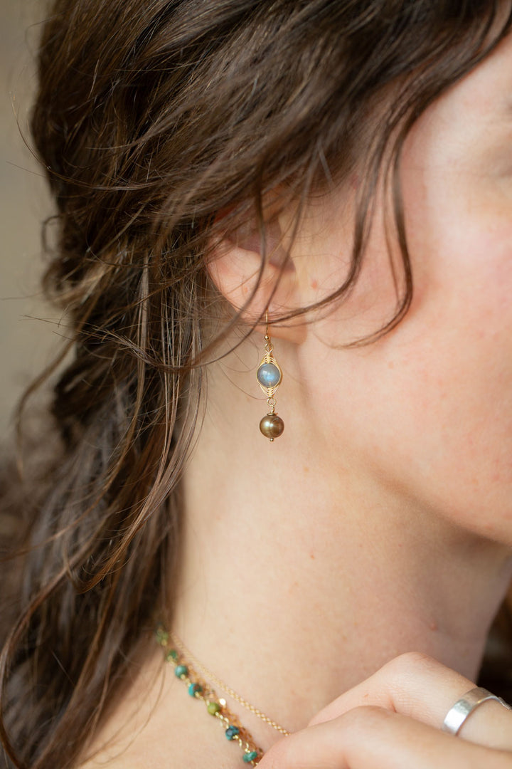 Desert Sunset Freshwater Pearl, Labradorite Herringbone Earrings
