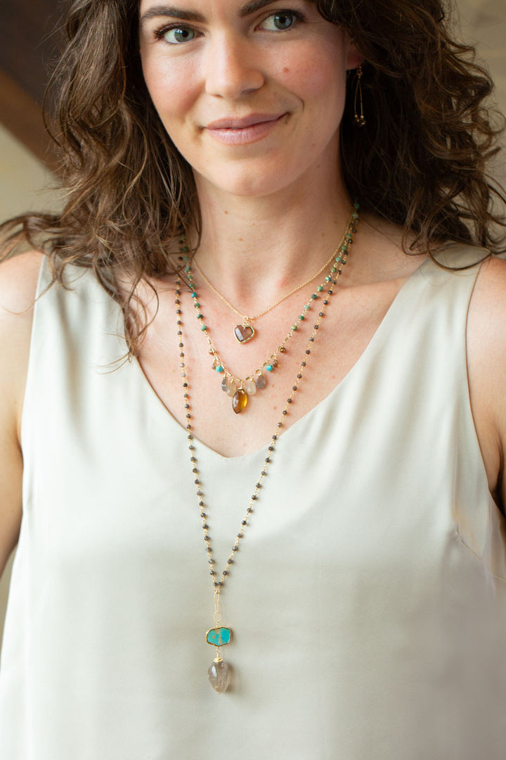 Desert Sunset 16-18" Turquoise, Freshwater Pearl, Citrine With Smokey Quartz Cluster Necklace