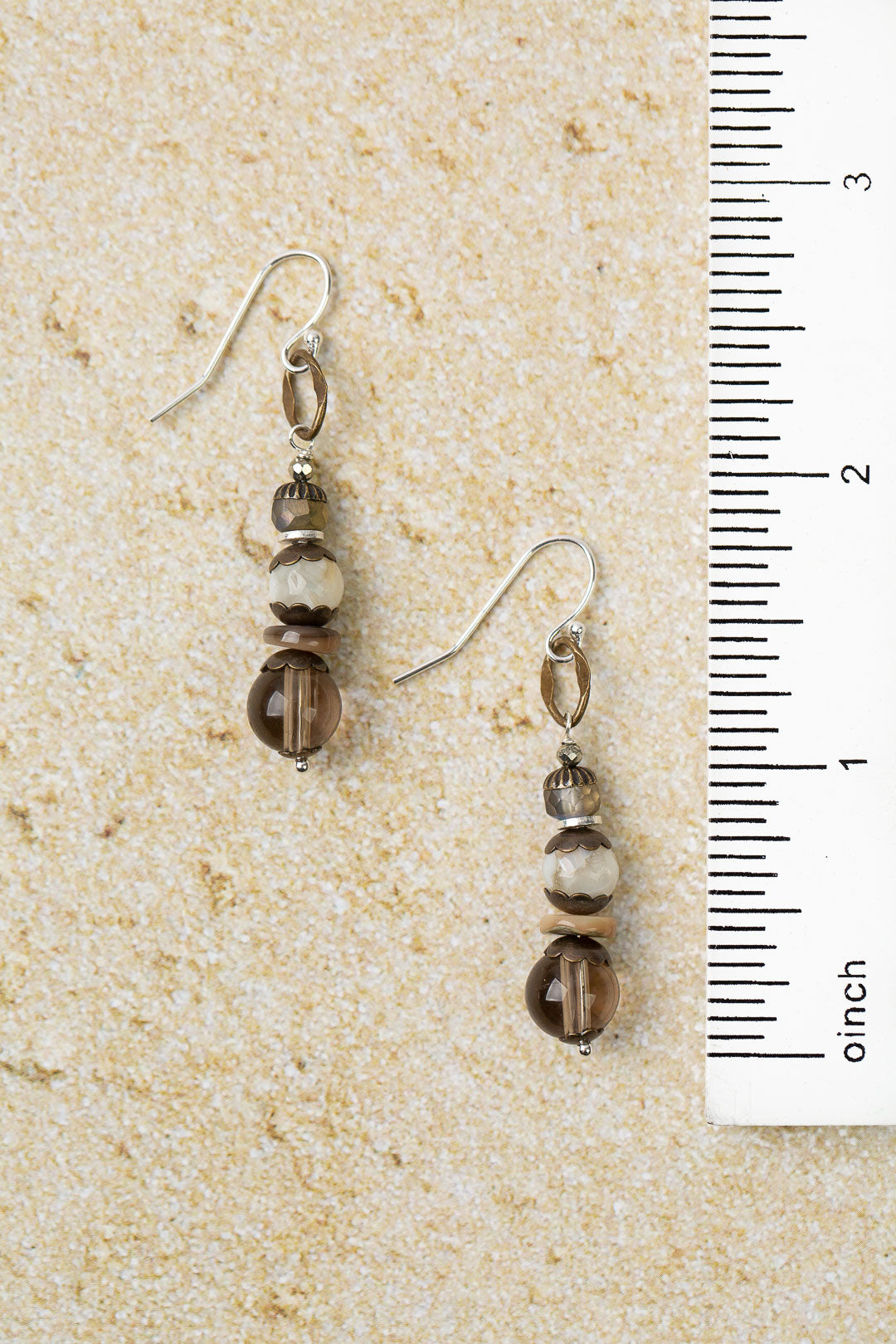 Dunes Czech Glass, Mother Of Pearl With Smoky Quartz Simple Earrings