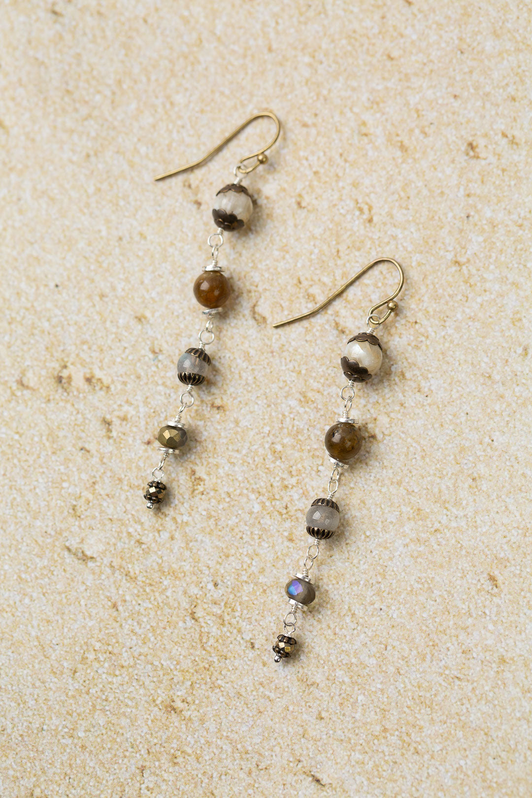 Dunes Czech Glass, Mother Of Pearl With Smoky Quartz Dangle Earrings