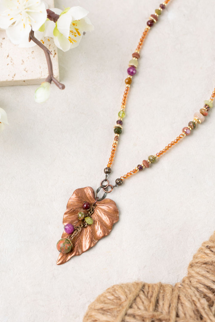 Dominion 19.5-21.5" Mookaite, Peridot, Unakite With Antique Copper Leaf Pendant Simple Necklace
