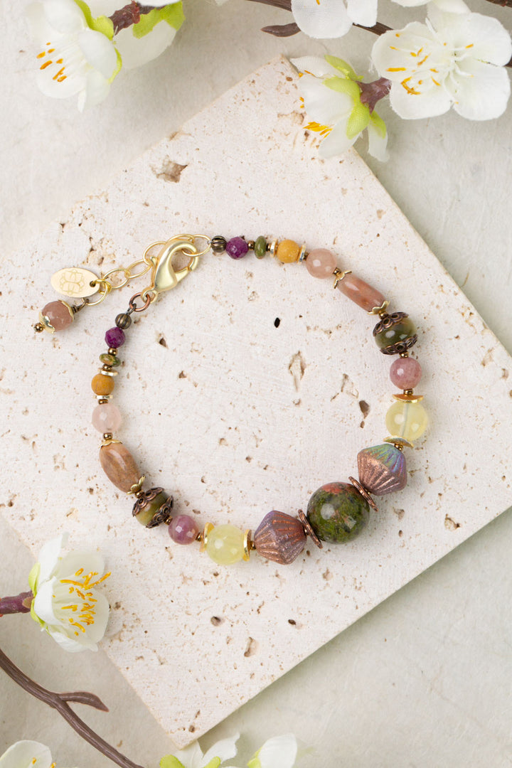 Dominion 7.5-8.5" Unakite, Muscovite, Ruby Simple Bracelet
