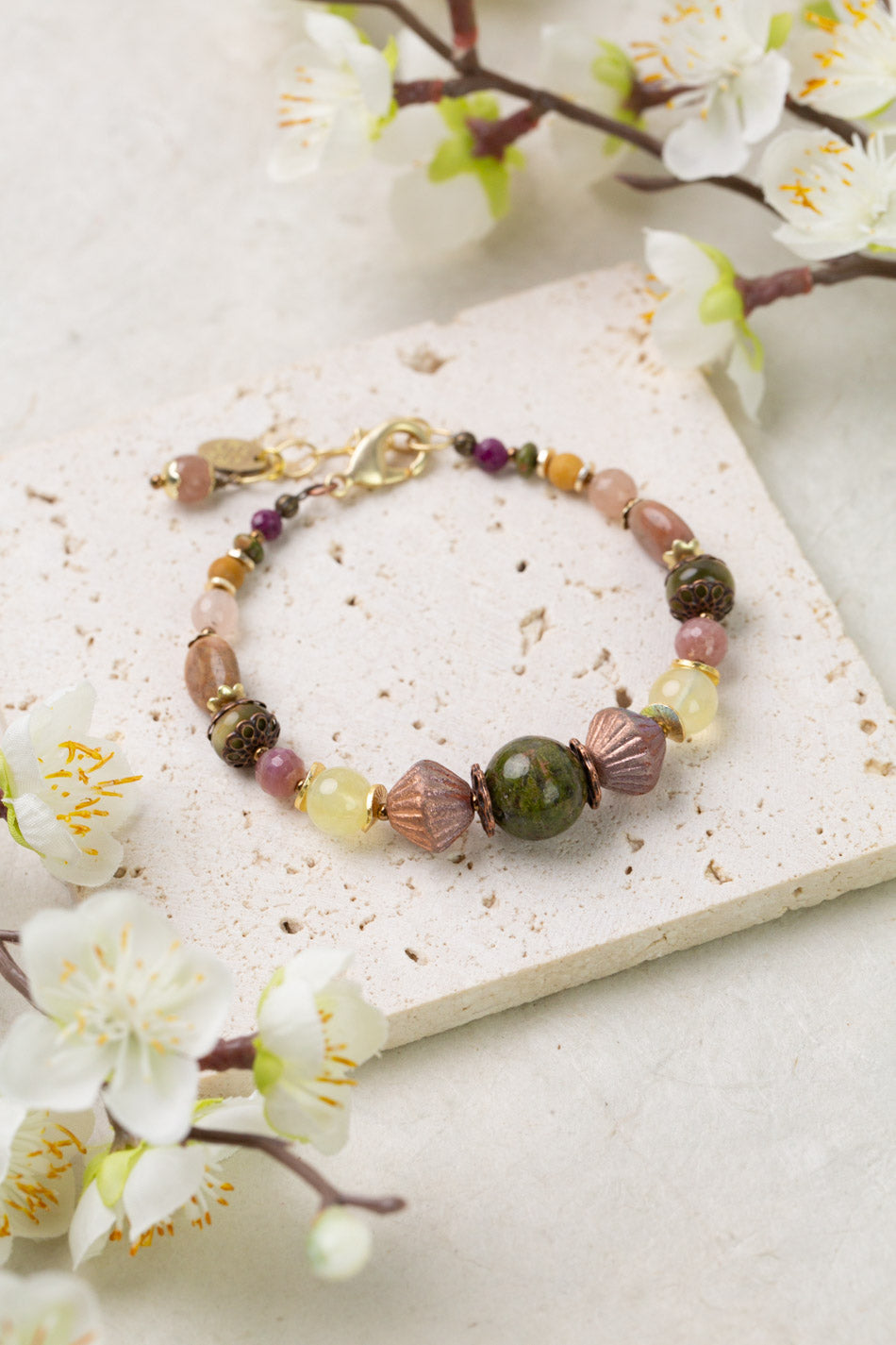 Dominion 7.5-8.5" Unakite, Muscovite, Ruby Simple Bracelet