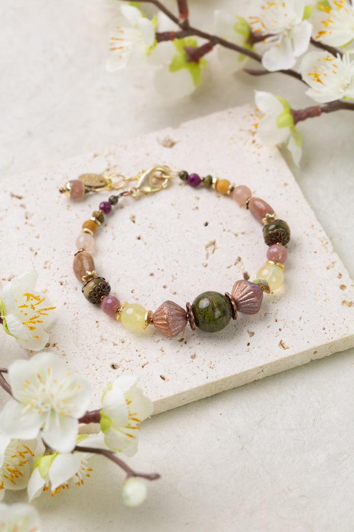 Dominion 7.5-8.5" Unakite, Muscovite, Ruby Simple Bracelet