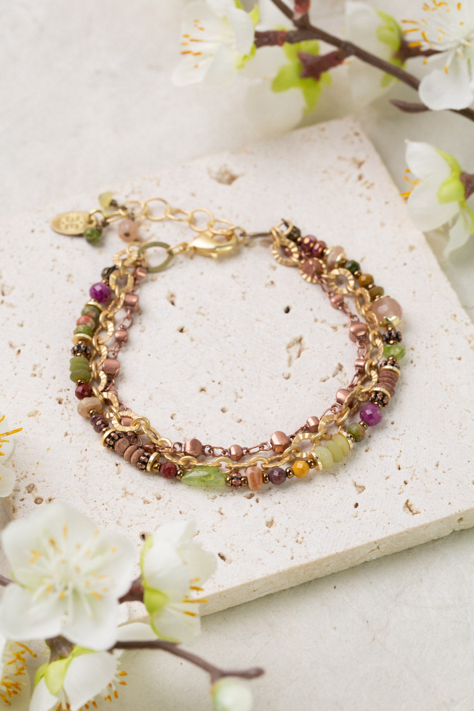 Dominion 7.5-8.5" Unakite, Peridot, Ruby Multistrand Bracelet